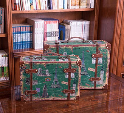 Set of 2 European Landmarks Vintage Wooden Luggage with Leather Straps and Handle - size: Large suitcase size: 17" X 12" X 6"