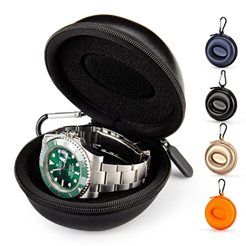 Single Box Watch Travel Case for Men, Portable Watch Organizer Black | Fits Wrist & Smart Watches Up to 50mm, 1-Slot Shockproof Eva Storage Holder W/ Carabiner Clip, for Travel, Gym & Outdoor Use - color: Black
