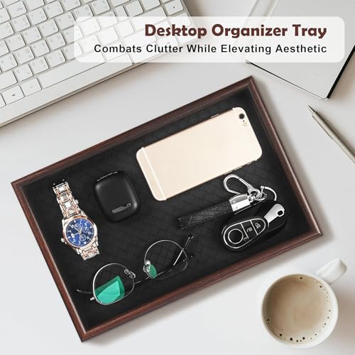 Wooden Valet Tray with Leather Base - Nightstand Catchall Organizer for Cologne, Perfume, Keys, Wallet, Phone, Watch, Jewelry & Sunglasses (2Pcs Black) - color: 2Pcs Black