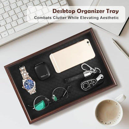 Wooden Valet Tray with Leather Base - Nightstand Catchall Organizer for Cologne, Perfume, Keys, Wallet, Phone, Watch, Jewelry & Sunglasses (2Pcs Black) - color: 2Pcs Black