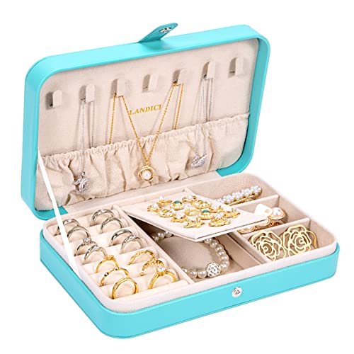 LANDICI Small Jewelry Box for Women Girls, PU Leather Travel Jewelry Organizer Case, Portable Jewellery Storage Holder Display for Ring Earrings Necklace Bracelet Bangle Watch Men Kids Gift, Lake Blue - color: Lake Blue