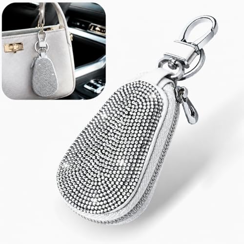 Car Key Chain Case, Bling Rhinestone Zipper Closure Car Key Fob Cover, Leather Portable Fashion Auto Smart Key Pouch, Universal for Most Cars, SUVs (White) - color: White