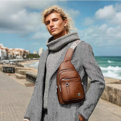 Sling Bag Set, PU Leather Sling Bag, Multi-Zipper Design for Travel, Outdoors, Valentine’s Day Gifts - color: 03-brown
