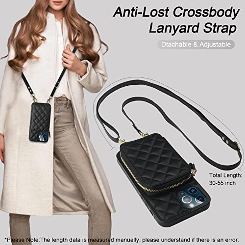 Bocasal Crossbody Wallet Case Card Holder for iPhone 13 Pro Max Black | RFID Blocking PU Leather Zipper Handbag Purse, Kickstand Flip Folio Case with Card Slots Holder Wrist Strap Lanyard 6.7 Inch - color: Black