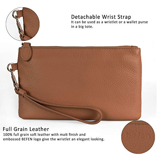 befen Genuine Leather Wristlet Clutch RFID Blocking Bag Cell Phone Purse - color: Camel