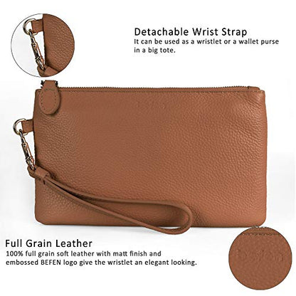 befen Genuine Leather Wristlet Clutch RFID Blocking Bag Cell Phone Purse - color: Camel
