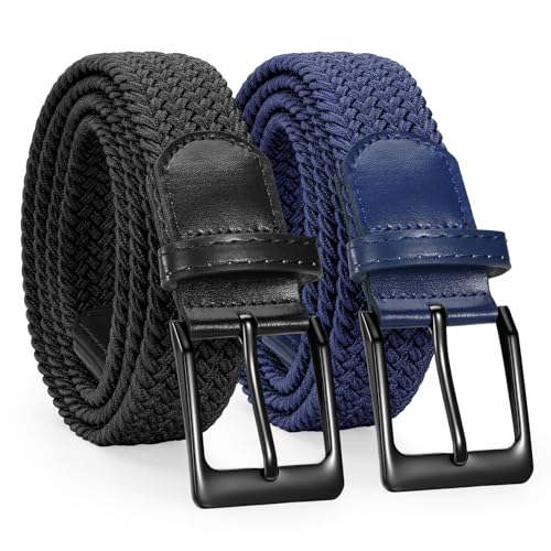 2 Pack Stretch Braided Elastic Belt for Men 1 3/8" Woven Golf Belt | No Holes Adjustable to Fit, Black Zin Alloy Buckle, Handmade Braided, Enough Elastic, Heavy Duty, Casual, Everyday Dress - color: 2 Pack – Navy Blue & Black, size: Fit Waist 46"-51"