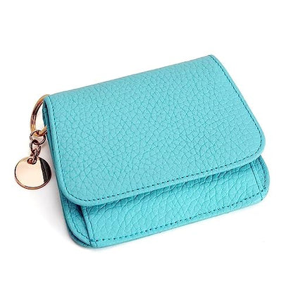 Mudono Small Wallet for Women RFID Blocking Genuine Leather Card Case Slim Tri-Fold Wallet with Zipper Pocket and Keychain - color: Blue