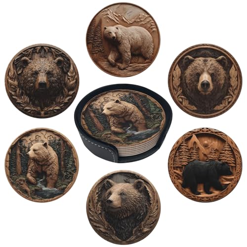 Bear Coasters for Drinks with Holder Round Leather Coasters Set of 6 Cups Mugs Mat Pad for Home Kitchen Bar - color: Bear