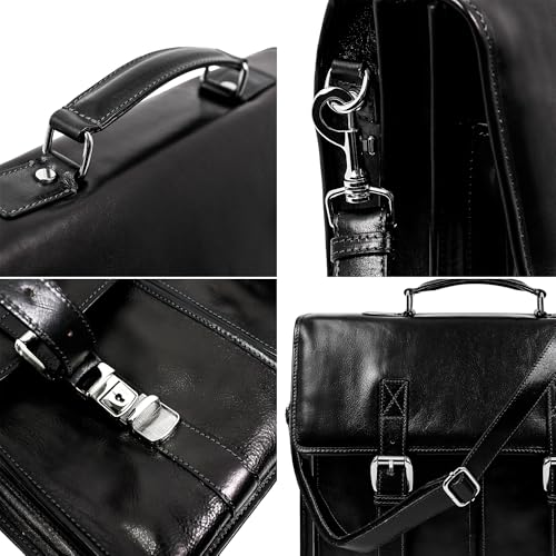 Time Resistance Leather Briefcase for Men Handcrafted in Italy Full Grain Messenger Bag for Laptop - color: Black