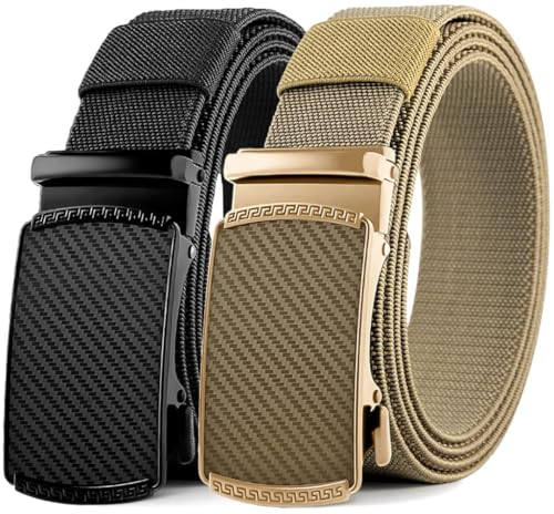 DOOPAI Elastic Golf Belts for Men, 2 Pack Nylon Ratchet Belt, Trim to Fit - color: 08 Black and Khaki, size: 48-58 inch waist, adjustable to 59 inches