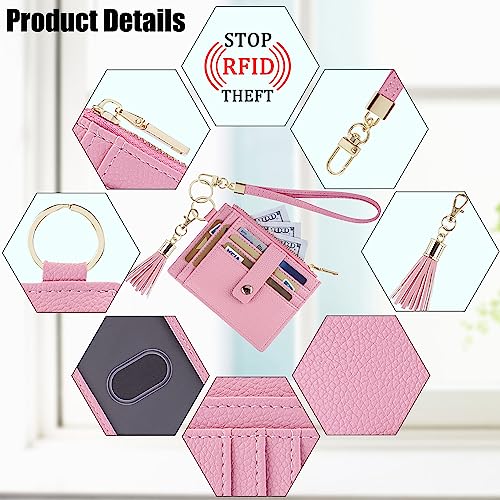 Wristlet Keychain Wallet for Women Slim Rfid Blocking Credit Card Holder Wristlet Zip Id Case Wallet Small Compact Leather Wallet Coin Purse for Women (Pink) - color: Pink