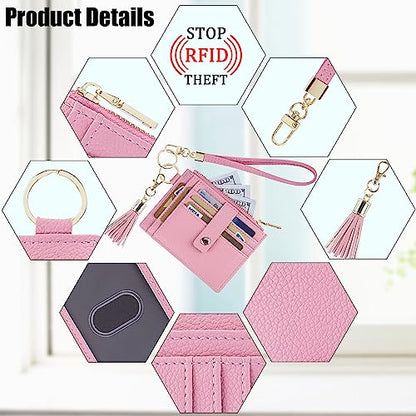 Wristlet Keychain Wallet for Women Slim Rfid Blocking Credit Card Holder Wristlet Zip Id Case Wallet Small Compact Leather Wallet Coin Purse for Women (Pink) - color: Pink