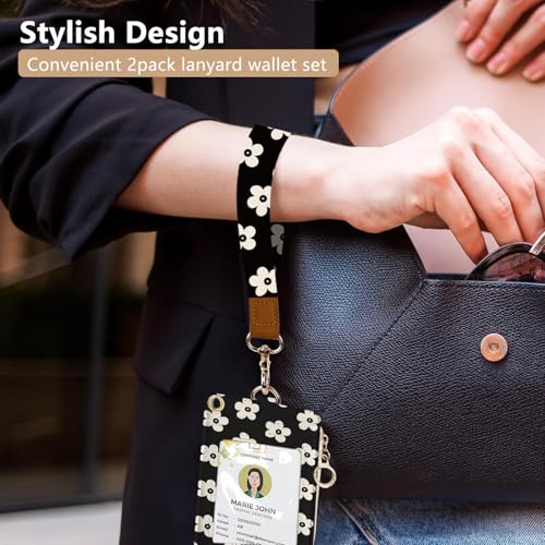 bolimoss Cute Floral Lanyard Wallet and ID Badge Holder with Zipper Pocket Breakaway Phone Wrist Lanyard, RFID Pu Leather Credit Card Holder - color: Beige Groovy Flower