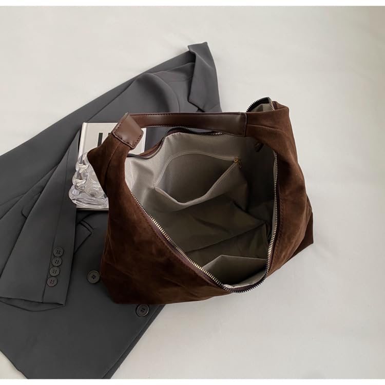 Women’s Trendy Suede Tote Bag Shoulder Bags For Women Fall Underarm Bag Winter Hobo Bag Work Purses Suede Travel Handbag - color: Coffee