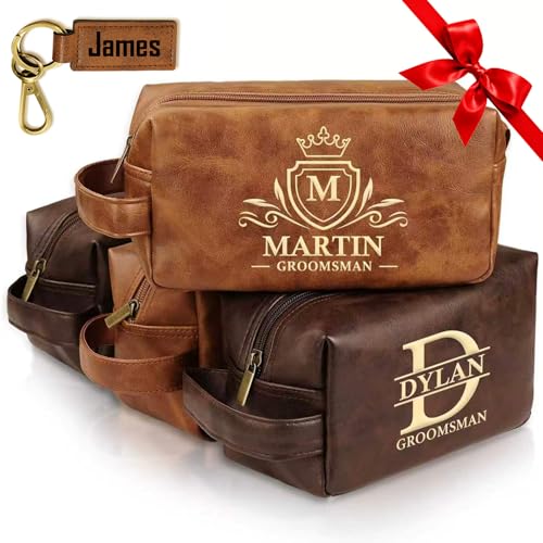 Personalized Groomsmen Gifts Best Man Present, Leather Toiletry Bag for Men, Ideas Bridesman Custom Gifts, Wedding Party Favor, Gift for Men, Boyfriend, Husband, Travel Shaving Bag Engraving with Name - color: Brown(Smallest）