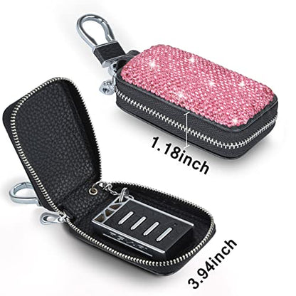 eing Bling Bling Car Key Chain Case Premium Leather Coin Holder Zipper Case Remote Wallet Bag - color: B-rose Red