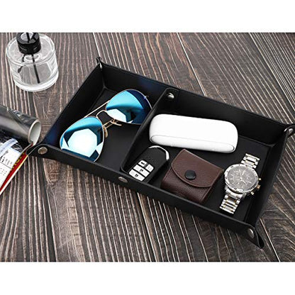 Luxspire Valet Tray, PU Leather Catchall Tray for Men Women, Removable Two Compartments Desk Storage Plate for Key Coin Phone Jewelry Wallet - Black, Double Grid (TRAY124) - size: 13" x 8.7" x 0.2"