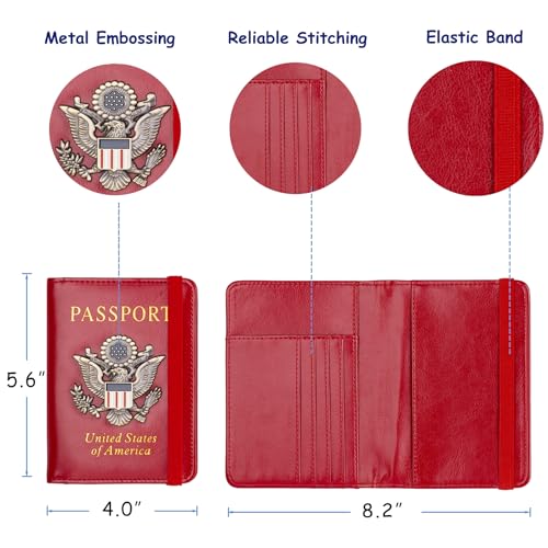 TOURSUIT RFID Blocking Passport Holder, Leather Travel Wallet, Red | Travel Document Holder Cover Accessories, 3D Metal Badge, For Women Men - color: Red