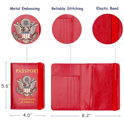 TOURSUIT RFID Blocking Passport Holder, Leather Travel Wallet, Red | Travel Document Holder Cover Accessories, 3D Metal Badge, For Women Men - color: Red