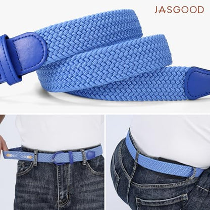 JASGOOD Women Braided Woven Elastic Stretch Belt Leather Covered Buckle Canvas Plus Size Belt for Jeans Pants - color: Ligth Blue, size: Fit Size 25"-32"
