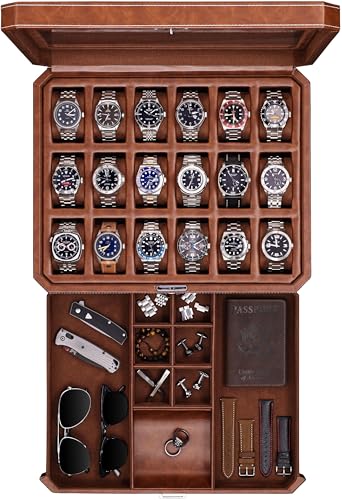 ROTHWELL 18-Slot Watch Case with Drawer – Luxury Watch Box for Men, Real Glass Top, Lockable, Display Case for Collections (Tan/Brown) - color: Tan / Brown