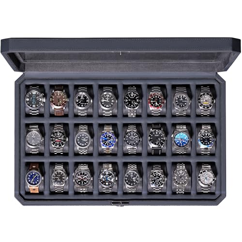 ROTHWELL 24 Slot Watch Case with Lock – Luxury Watch Box to Display and Organize Your Collection | Real Glass Top | Premium Storage for Collectors (Carbon) - color: Carbon