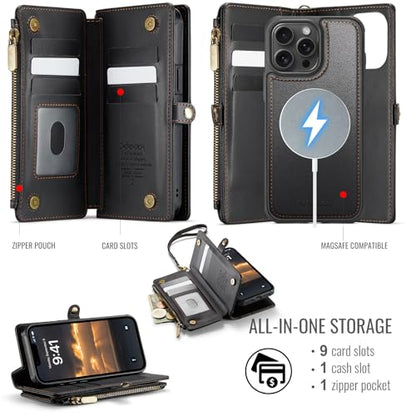Defencase for iPhone 14 Pro Max Case Wallet Compatible with Magsafe, Black | Drop-Proof Magnetic Detachable Phone Cases Cover, with RFID Bolcking Card Holder, Zipper Strap, PU Leather, Removable Wallet - color: (Detachable with Magsafe)-Black