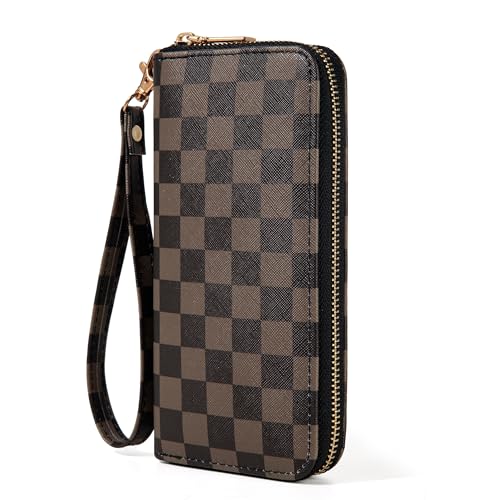 Checkered Highland Cow Print Book Wallet For Women Skull Goth Frog Butterfly Ladies Cluth Wristlet Wrist Strap Long Purse Zip Around Card Holder - color: Checkered Brown