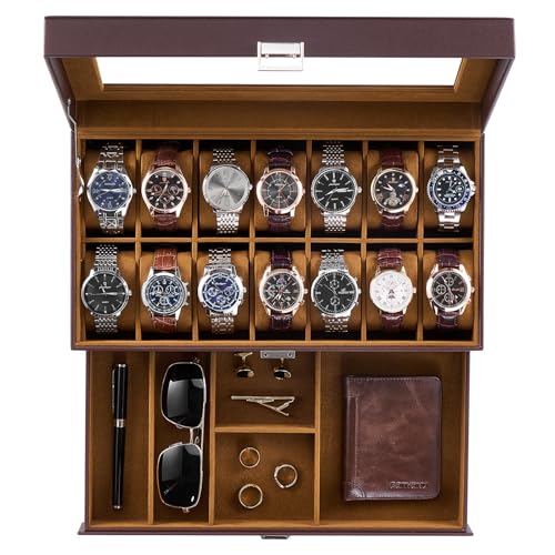 ProCase Watch Box, 14 Slot Watch Case for Men with Drawer, Espresso | 2-Layer Watches Display Case with Glass Lid, Mens Jewelry Box Storage Holder Organizer, Anniversary Christmas Birthday Gift - color: Espresso, size: 14-Slot
