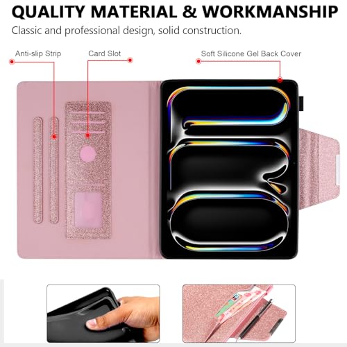 Glitter Case for iPad Pro 11-inch (M4/M5) 2024 2025, Techcircle Folio Stand Smooth Bling PU Leather Soft TPU Back Smart Cover with Pencil Holder & Card Pocket, Auto Sleep/Wake, Shiny Pink - color: 01 Shiny Pink, size: iPad Pro 11 2024-2025