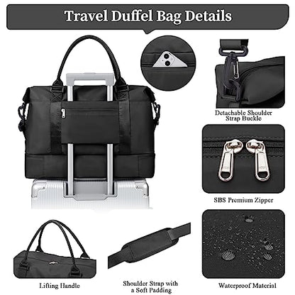 Weekender Bags for Women, Personal Item Travel Bag with Shoes Compartment | Overnight Travel Duffel Bag with Toiletry Bag, Airplane Friendly Carry-On Bag - color: Black, size: Large