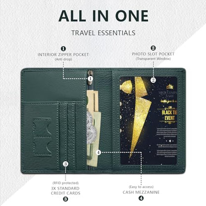 BAPHITY Genuine Leather RFID Blocking Slim Travel Passport Holder，green | Top-Grain Leather, RFID Blocking, Multi Slots (3+2 SD), Slim, Unisex Multi-Function Holder, Travel Sleeve - color: green, style: Rfid Protected