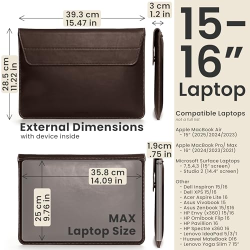 Genuine Leather Laptop Sleeve 15-16 Inch, Padded Full Grain Leather Case with Built-in Stand - Dark Brown, Compatible with MacBook Air, MacBook Pro, Dell, HP, Lenovo - color: Dark Brown, size: For 15” - 16” Laptops