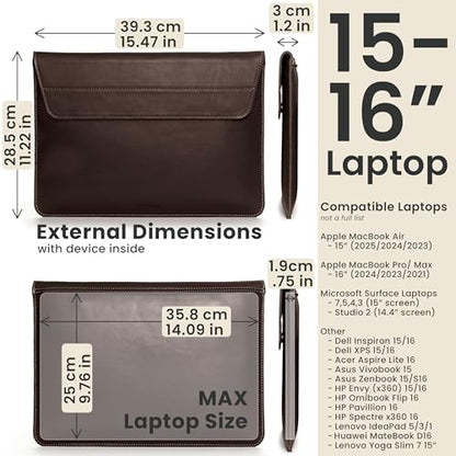 Genuine Leather Laptop Sleeve 15-16 Inch, Padded Full Grain Leather Case with Built-in Stand - Dark Brown, Compatible with MacBook Air, MacBook Pro, Dell, HP, Lenovo - color: Dark Brown, size: For 15” - 16” Laptops