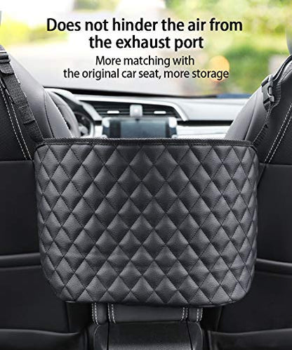 Car Purse Holder - Durable Leather Seat Back Organizer, Front Seat Storage Barrier, Pet & Kids Driver Storage Netting Pouch - color: Black