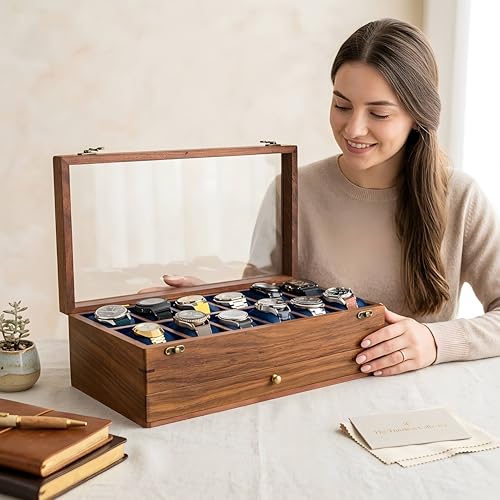 Premium Watch Box Organizer for Men and Women - Wooden Mens Watch Display Case, Luxury Rosewood Organiser, Velvet Lining, Glass Top, Best gift for him, Vintage home for watches (12 SLOTS TRAY) - size: 12 SLOTS TRAY