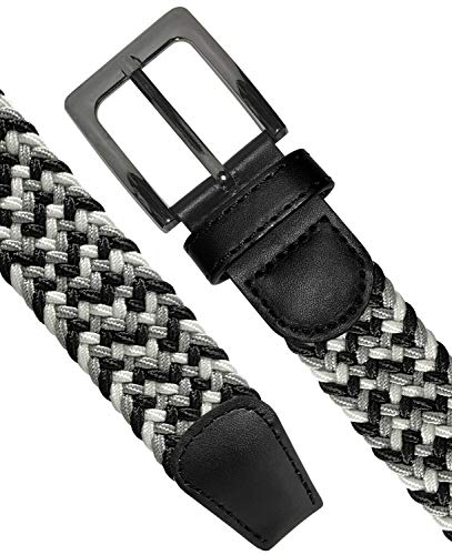 Belts.com Men's Gray Braided Elastic Stretch Belt 1-3/8" Wide Canvas Fabric Woven Casual Belt With Prong Buckle - color: Black/Gray/White, size: X-Large (for waist 39"-41")