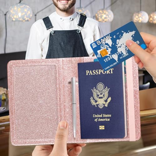 ACdream Unisex Faux Leather Passport and Vaccine Card Holder, Glitter Rose, RFID Blocking, Protects Valuable Information - color: *Glitter Rose, style: Passport Holder - Elastic Band Closure