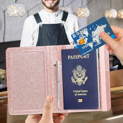 ACdream Unisex Faux Leather Passport and Vaccine Card Holder, Glitter Rose, RFID Blocking, Protects Valuable Information - color: *Glitter Rose, style: Passport Holder - Elastic Band Closure