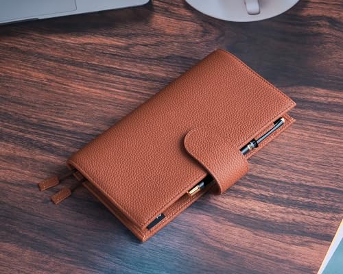 Leather Planner Cover for Hobonichi Weeks & Weeks Mega, Pebbled Genuine Leather Notebook Cover, Slim Planner Case with Pen Loop, Card Slots, Bookmarks & Back Pocket(Brown) - color: BROWN