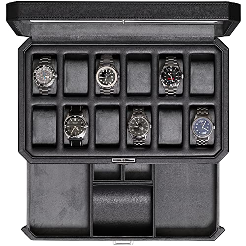 ROTHWELL 12 Slot Leather Watch Box with Valet Drawer - Luxury Watch and Jewelry Case Display Organizer, Microsuede liner, Mens Locking Storage Holder Large Glass Top (Black/Grey) - color: Black/Grey
