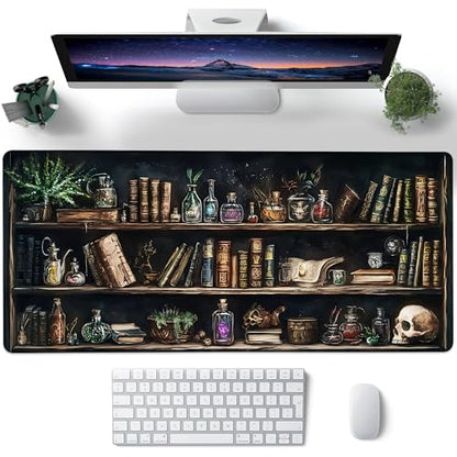 Desk Pad, Black Academia Fantasy Bookshelf Goth Skull XL Gaming Mouse Pad with Stitched Edges,Non-Slip Waterproof Rubber Base Large Desk Mat for Keyboard and Mouse 31.5"x11.8" - color: Colour12, size: X-Large