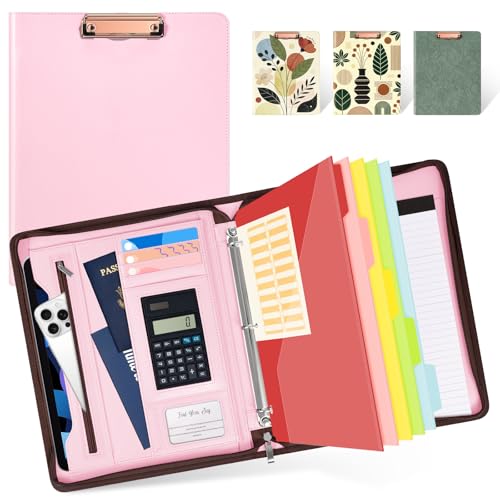 Ospelelf Pink Leather Portfolio Binder 3 Ring, Zippered Clipboard Folder with Storage - 5 Dividers with Pocket, Padfolio for Women,12.1” Tablet Sleeve, Refillable Notepad, Card Slot - color: Pink