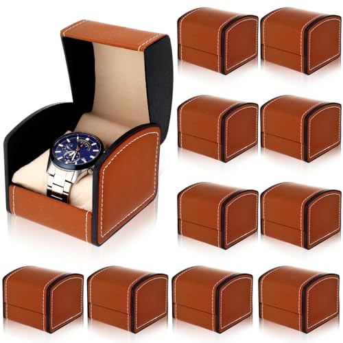 Tondiamo 10 Pack Single Watch Box with Pillow, Brown PU Leather Case | Gift Box for Wristwatch, Cushion Holds Timepiece Secure, Arched Lid Protects from Dust, Display Organizer for Travel - color: Brown
