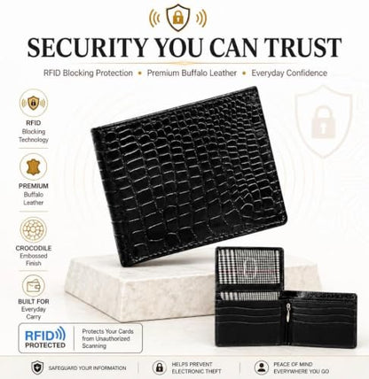 RFID Blocking Men’s Leather Bifold Wallet Alligator Pattern Wallet with 9 Card Slots, 1 Flip Up ID Window, 2 Hidden Pockets, 1 Zip Coin Pocket & 2 Cash Compartments – Black Wallet for Men - color: Black, style: Full Alligator