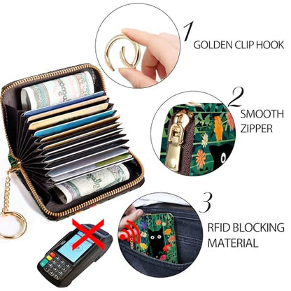 Yonlevres Credit Card Holder RFID Small Wallet Women Keychain Zipper - color: Floral Cat-2