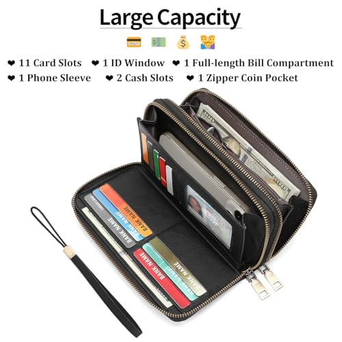 GOIACII Wristlet Wallets for Women 2 Zip Around Ladies Clutch Coffee Brown | RFID Blocking, Vegan Leather, Large Capacity, Credit Card Holder, Phone Holder Purse - color: Coffee Brown