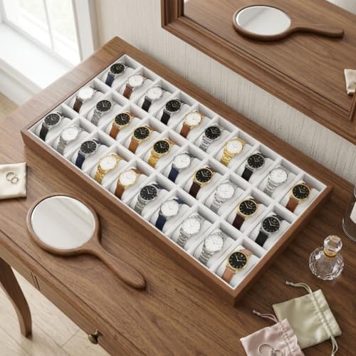 LOYALHEARTDY 30 Grid Watch Jewelry Tray Organizer Wooden Box Organizer Display Tray Watch Bracelet Display Holder with Removable Pillow for Men & Women Storage and Display