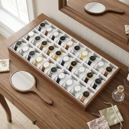 LOYALHEARTDY 30 Grid Watch Jewelry Tray Organizer Wooden Box Organizer Display Tray Watch Bracelet Display Holder with Removable Pillow for Men & Women Storage and Display